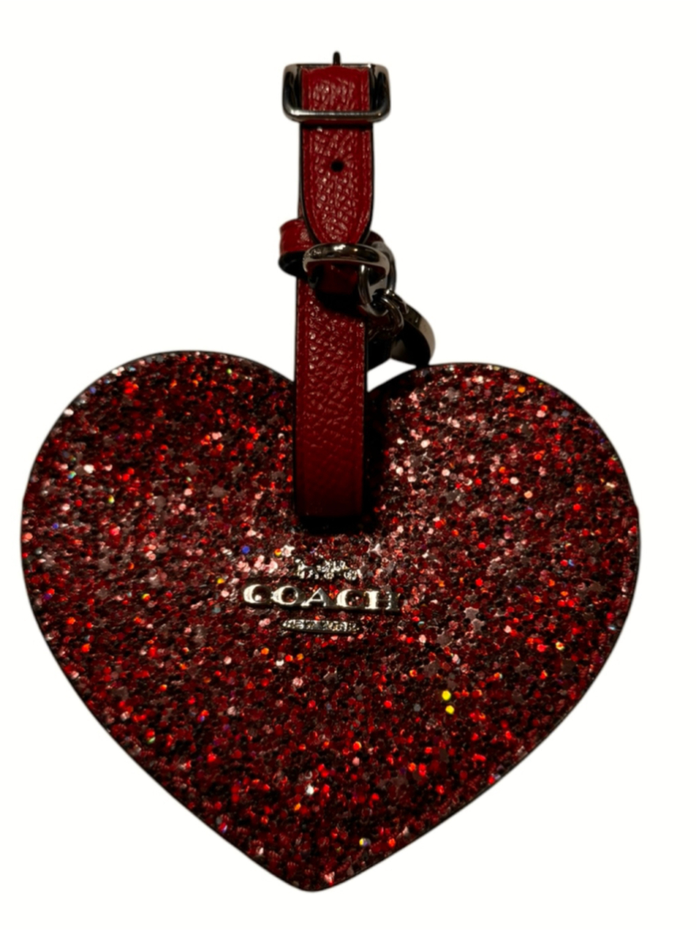 Women's Coach Heart Glitter Bag Charm Key Holder Luggage Tag in Sparkly Red